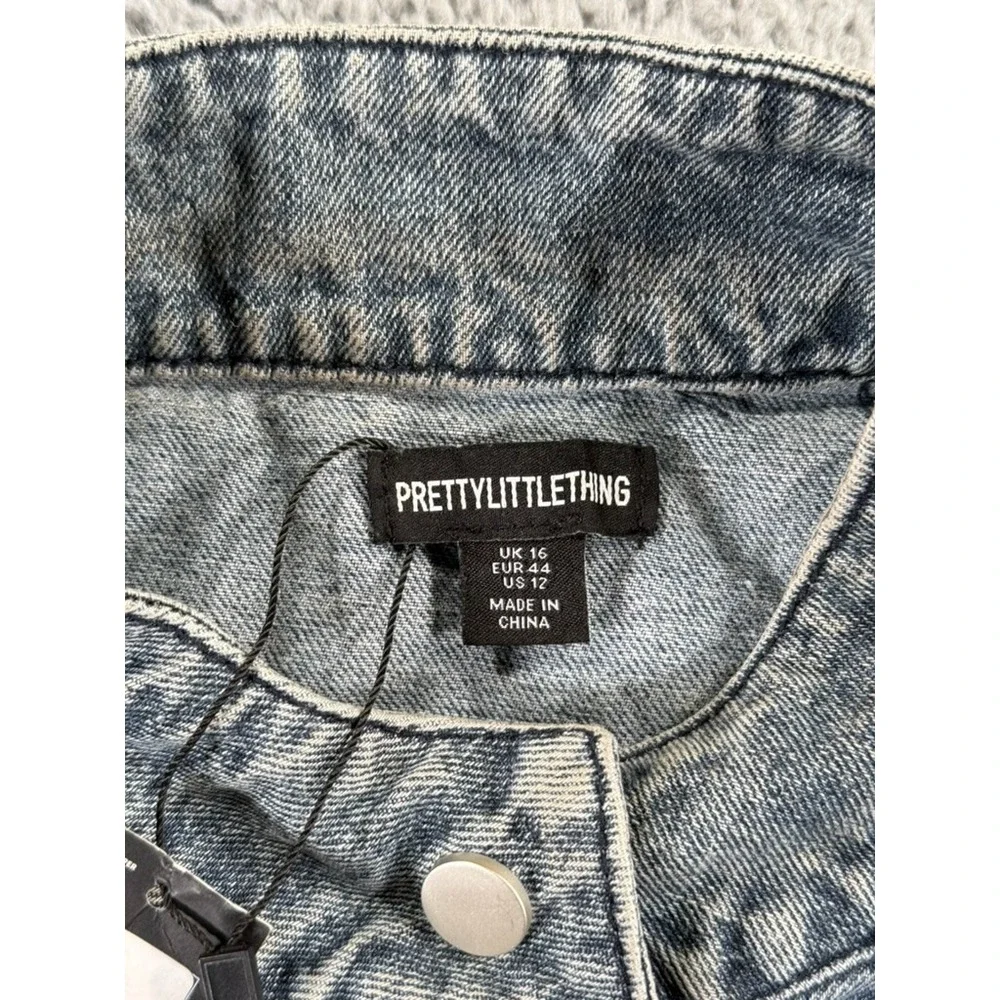 Pretty Little Thing Denim Jacket Womens 12 Blue Distressed Racing Button Up Logo
